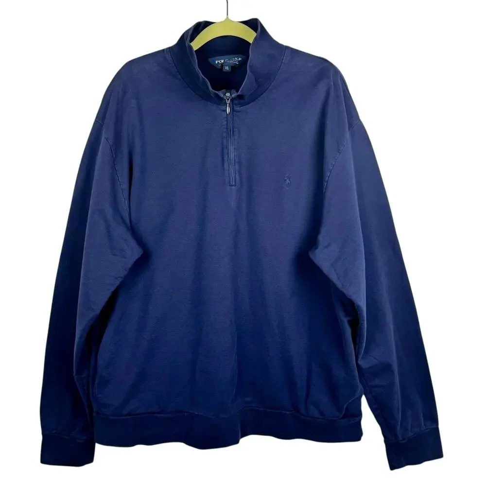 Polo Golf Ralph Lauren Navy Blue Pima Cotton 1/4‎ Zip High Neck Sweatshirt Sz XL
